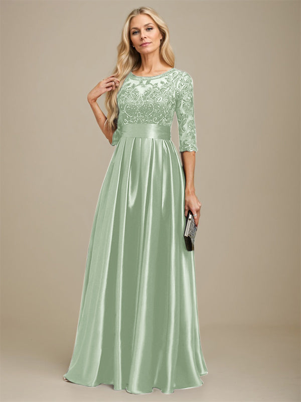 A-line Scoop Illusion Floor-Length Stretch Satin Lace Mother of the Bride Dress With Bow Sequins