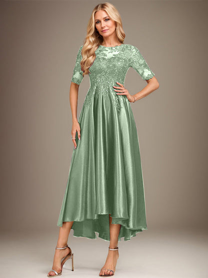 A-Linie, U-Ausschnitt, Illusion, asymmetrisch, Stretch-Satin, Spitze, Kleid für die Brautmutter mit Pailletten 