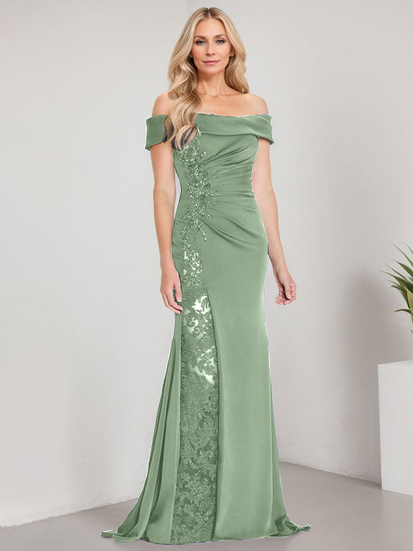 Robe de mère de la mariée longue jusqu'au sol, ligne A, épaules dénudées, appliques et perles, robe sirène avec fente haute