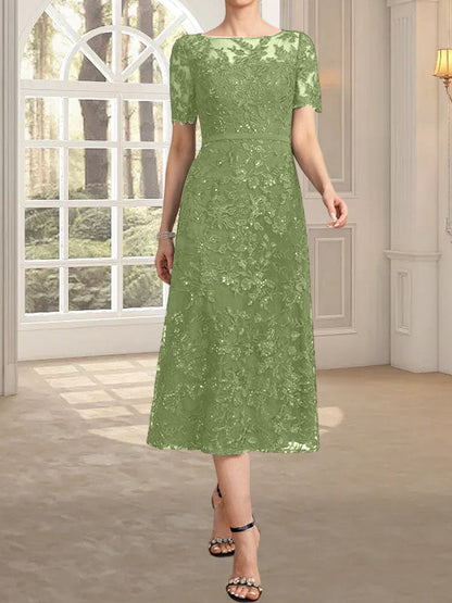 A-Linie, U-Ausschnitt, Illusion, knielang, Spitze, Kleid für die Brautmutter mit Pailletten