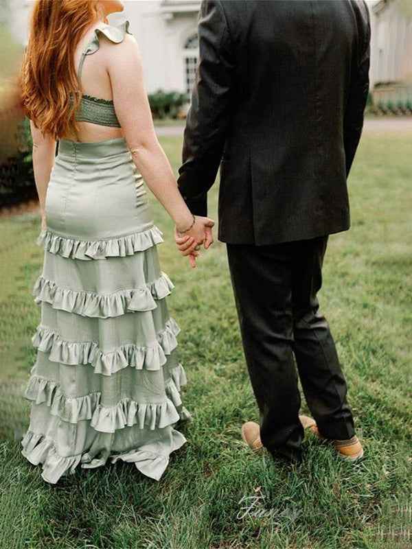Sage Green Satin A Line Keyhole Ruffle Maxi Dress With Slit For Prom