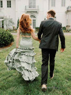 Sage Green Satin A Line Keyhole Ruffle Maxi Dress With Slit For Prom