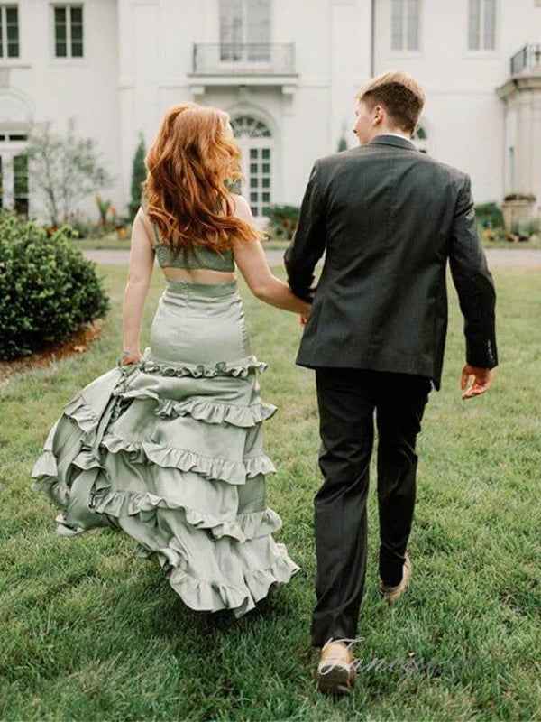 Sage Green Satin A Line Keyhole Ruffle Maxi Dress With Slit For Prom