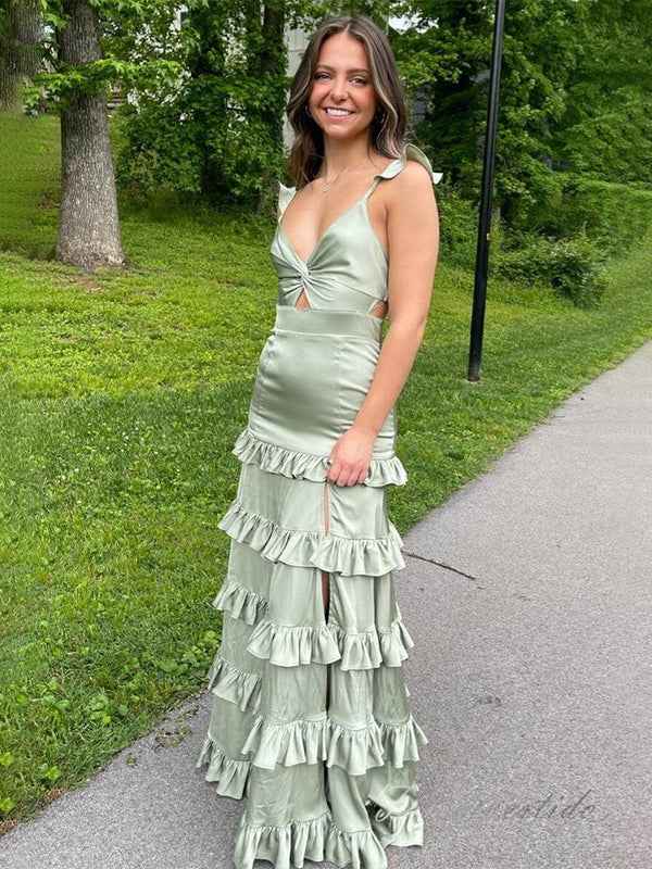 Sage Green Satin A Line Keyhole Ruffle Maxi Dress With Slit For Prom