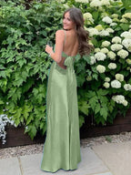 Blue A Line V Neck Beaded Back Tie Long Prom Dress