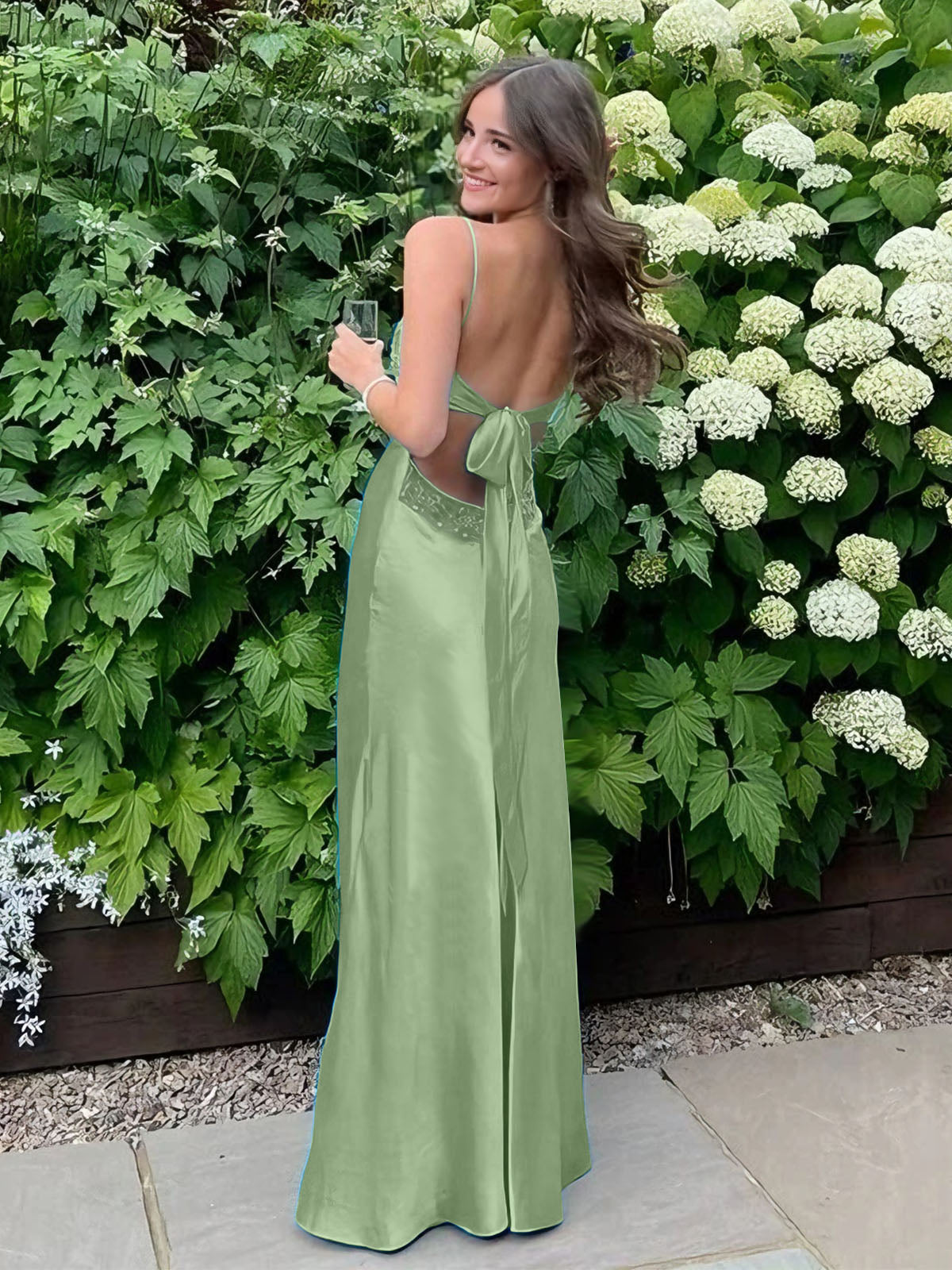 Blue A Line V Neck Beaded Back Tie Long Prom Dress