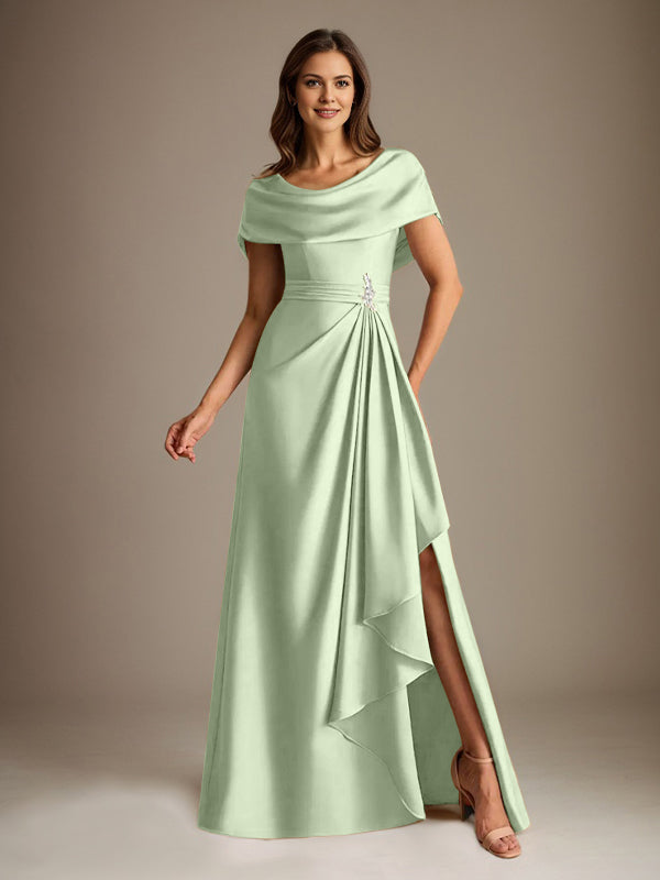 Robe de mère de la mariée en satin extensible, longueur au sol, coupe en A avec encolure dégagée et volants en cascade