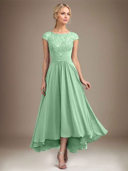 A-Linie U-Ausschnitt Illusion Asymmetrische Spitze Chiffon Mutter der Braut Kleid Mit Plissee 