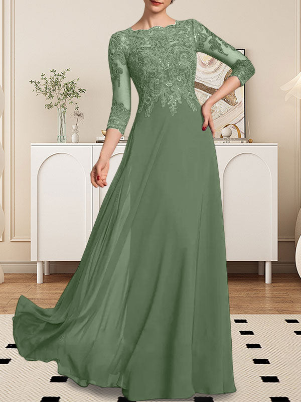 A-Linie U-Ausschnitt Bodenlang Spitzen-Chiffon-Kleid für die Brautmutter mit Pailletten