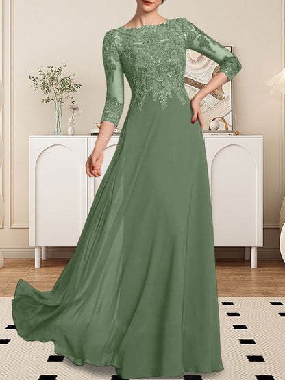 A-Linie U-Ausschnitt Bodenlang Spitzen-Chiffon-Kleid für die Brautmutter mit Pailletten