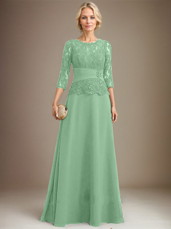 A-line Scoop Illusion Floor-Length Chiffon Lace Mother of the Bride Dress With Pleated Sequins Beading