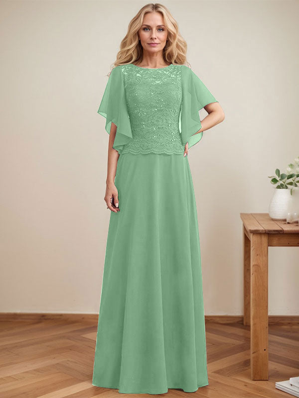 A-Linie, U-Ausschnitt, Illusion, bodenlanges Spitzen-Chiffon-Kleid für die Brautmutter mit Pailletten 