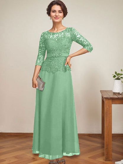 A-Linie, U-Ausschnitt, Illusion, knöchellang, Chiffon, Spitze, Kleid für die Brautmutter mit Strass-Perlen 