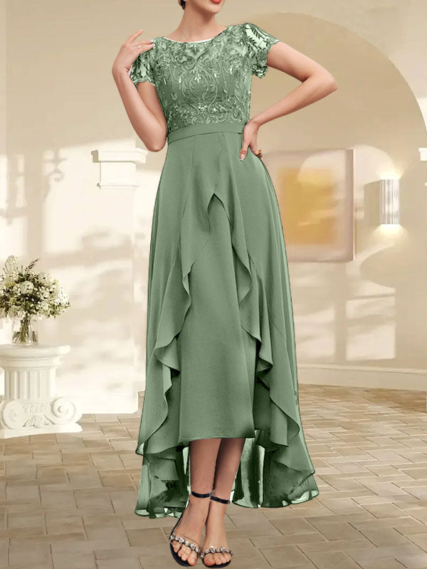 Robe de mère de la mariée en mousseline et dentelle asymétrique illusion à encolure dégagée, coupe en A, avec nœud, volants et paillettes