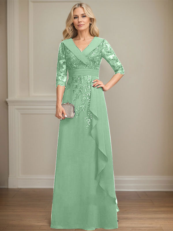 Robe de mère de la mariée en mousseline de soie à col en V, longueur au sol, ligne A, avec dentelle, paillettes et volants en cascade