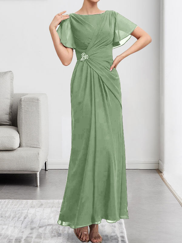 Robe de mère de la mariée en mousseline, longueur cheville, en ligne A, encolure dégagée, ornée de perles et plissée
