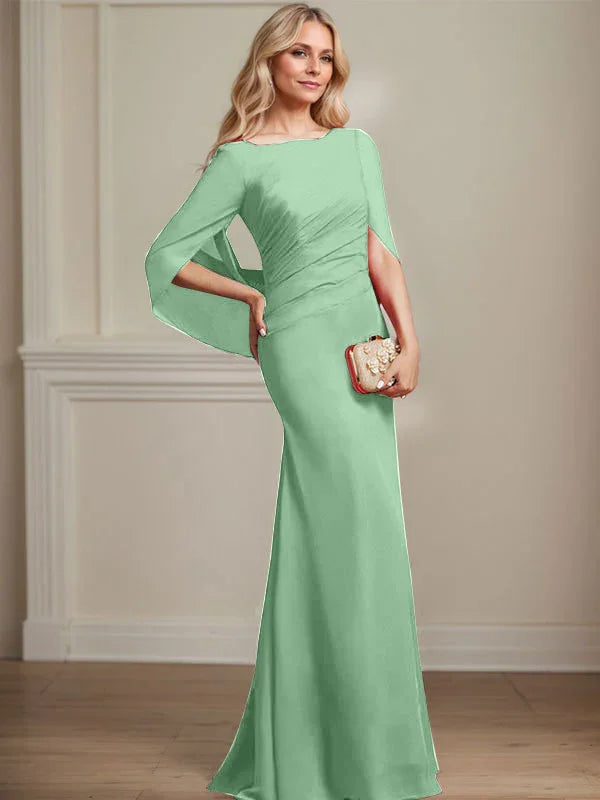 Vestido de madrina de novia de gasa con cuello barco estilo trompeta/cola de sirena y largo hasta el suelo con pliegues