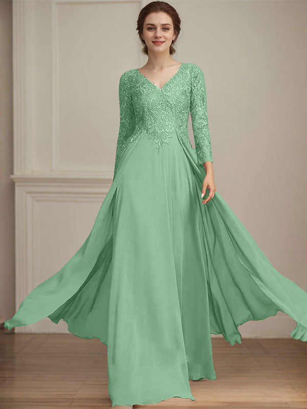 A-Linie V-Ausschnitt Bodenlanges Spitzen-Chiffon-Kleid für die Brautmutter mit Pailletten 