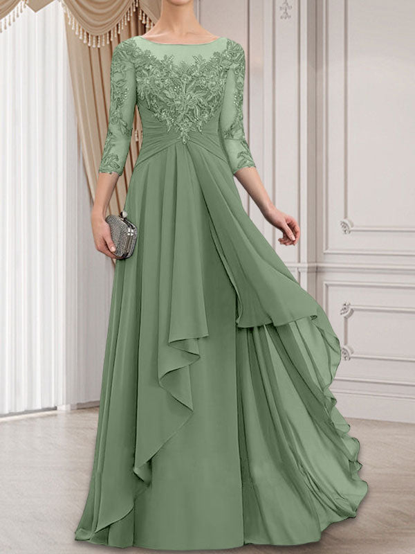 A-Linie, U-Ausschnitt, Illusion, bodenlanges Chiffon-Kleid für die Brautmutter mit kaskadierenden Rüschen