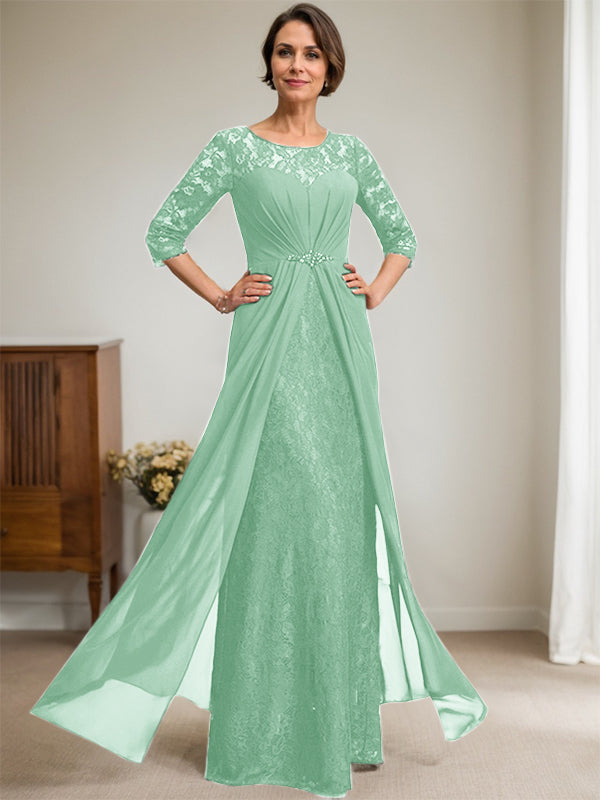 A-Linie U-Ausschnitt Illusion Bodenlang Spitzen Chiffon Mutter der Braut Kleid mit Perlenbesatz Rüschen 