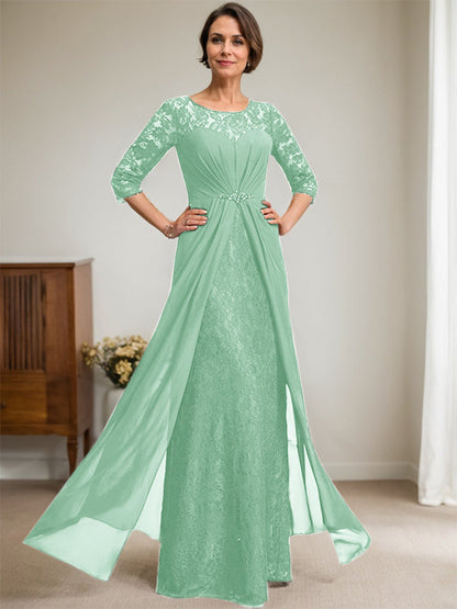 A-Linie U-Ausschnitt Illusion Bodenlang Spitzen Chiffon Mutter der Braut Kleid mit Perlenbesatz Rüschen 