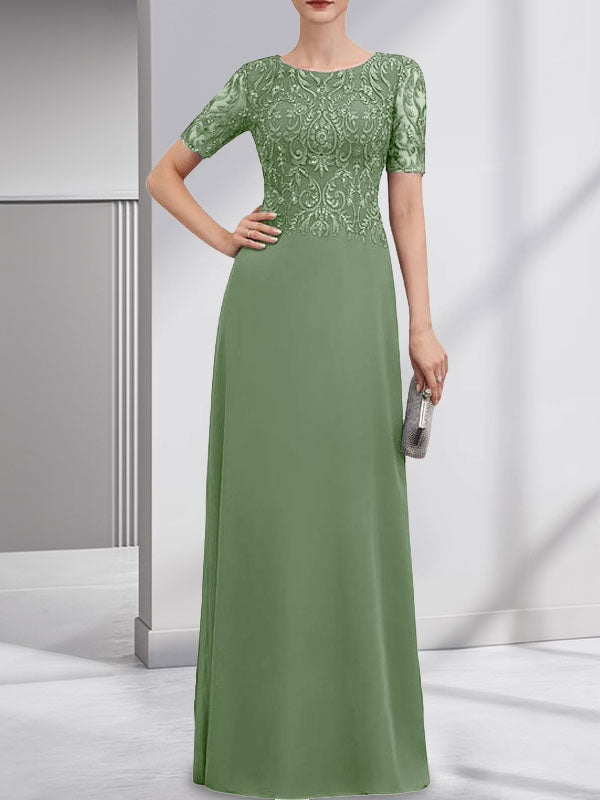 Robe de mère de la mariée en dentelle et mousseline, longueur au sol, en ligne A, décolleté en U, ornée de paillettes