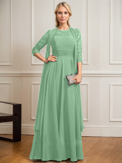 A-Linie U-Ausschnitt Illusion Bodenlang Spitze Chiffon Mutter der Braut Kleid Mit Plissee 