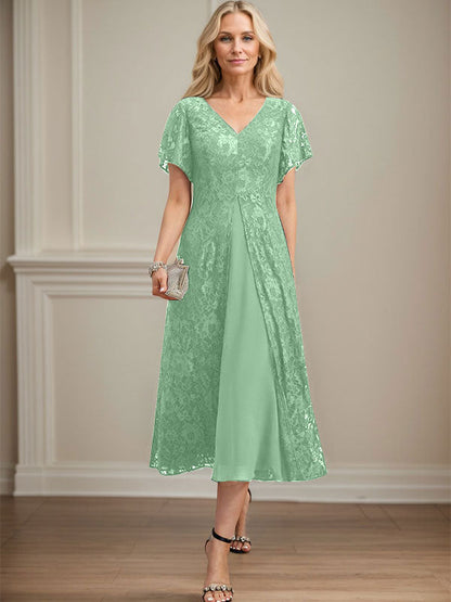 A-Linie V-Ausschnitt Wadenlanges Chiffon-Kleid für die Brautmutter 