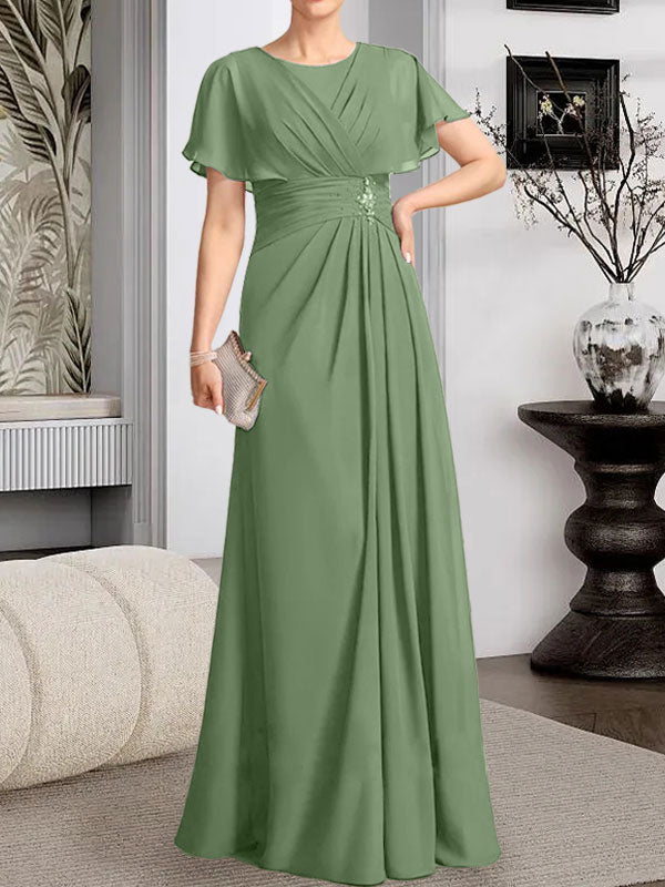 Robe de mère de la mariée en mousseline, longueur au sol, en ligne A, décolleté arrondi, ornée de perles plissées