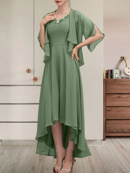 Vestido de gasa asimétrico para madre de la novia con escote en V, corte A y lentejuelas con abalorios