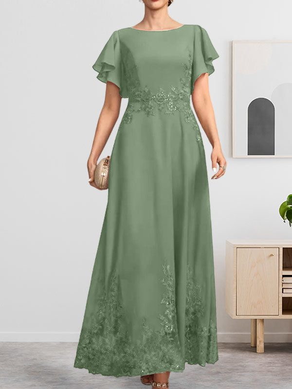 Robe de mère de la mariée en mousseline de soie à dentelle, longueur cheville, en forme trapèze avec décolleté arrondi et paillettes