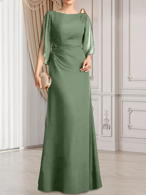 Vestido de madrina de novia de gasa largo hasta el suelo con corte columna y fajín plisado con cuentas