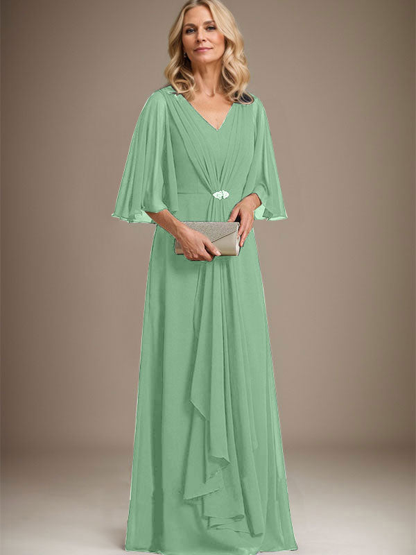 A-line V-Neck Floor-Length Chiffon Mother of the Bride Dress With Cascading Ruffles Crystal Brooch