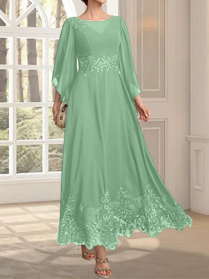 A-Linie, U-Ausschnitt, Illusion, knöchellang, Spitzen-Chiffon, Kleid für die Brautmutter mit Pailletten 