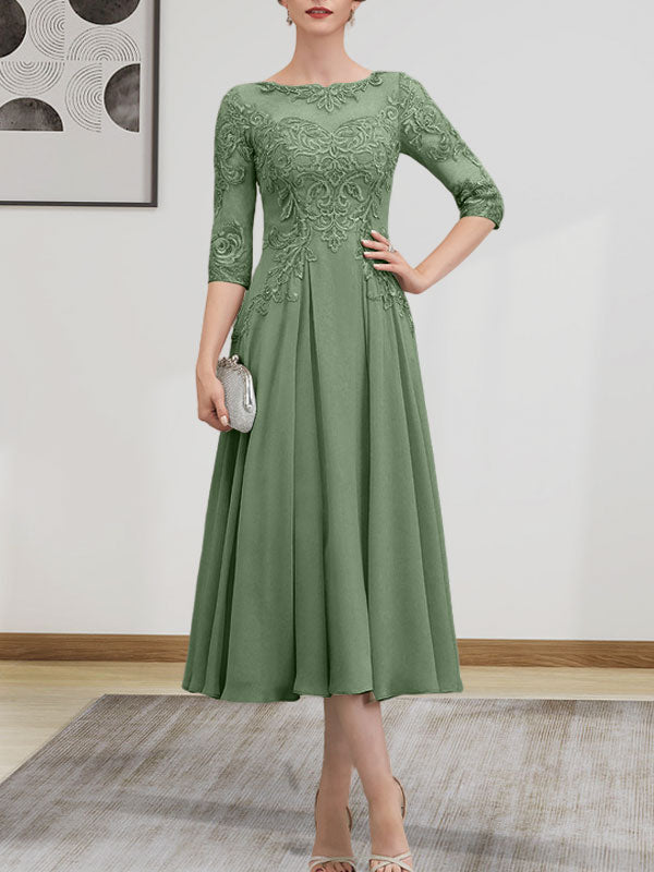 A-Linie, U-Ausschnitt, Illusion, knielang, Chiffon, Spitze, Kleid für die Brautmutter mit Perlen und Pailletten