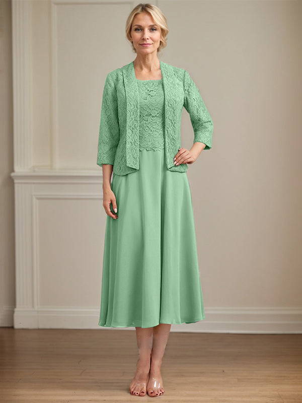 A-Linie U-Ausschnitt Wadenlang Chiffon-Kleid für die Brautmutter 
