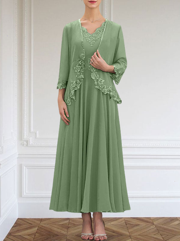 Robe de mère de la mariée en mousseline, ligne A, col en V, longueur cheville, ornée de paillettes, appliques en dentelle et perles