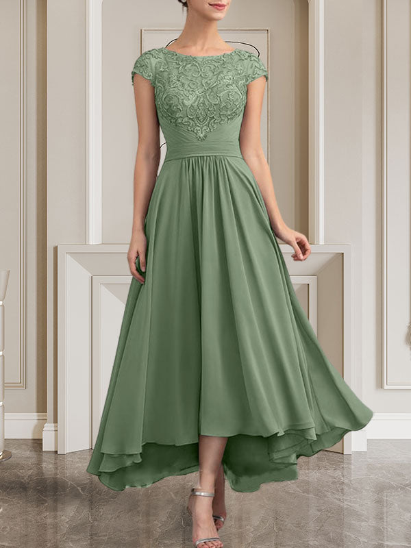 A-Linie U-Ausschnitt Bodenlang Spitzen-Chiffon-Kleid für die Brautmutter mit Pailletten