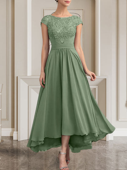 A-Linie U-Ausschnitt Bodenlang Spitzen-Chiffon-Kleid für die Brautmutter mit Pailletten