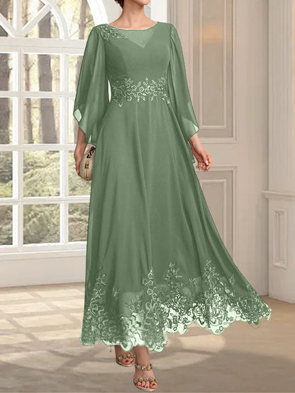 A-Linie, U-Ausschnitt, Illusion, knöchellang, Spitzen-Chiffon, Kleid für die Brautmutter mit Pailletten 
