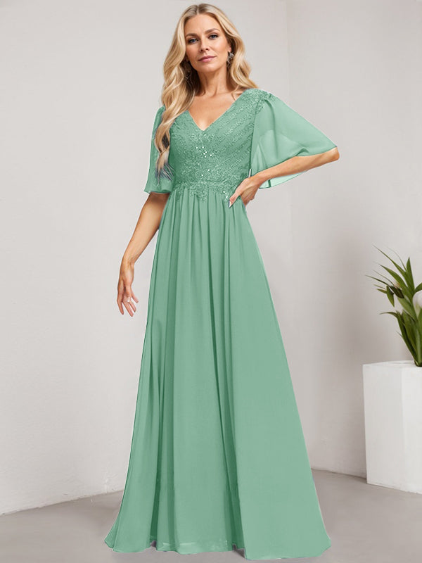 A-Linie V-Ausschnitt Bodenlanges Spitzen-Chiffon-Kleid für die Brautmutter mit Pailletten 
