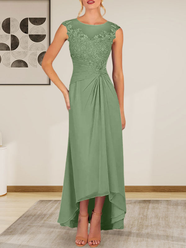 Champagne A-Line Scoop Lace Chiffon Dress