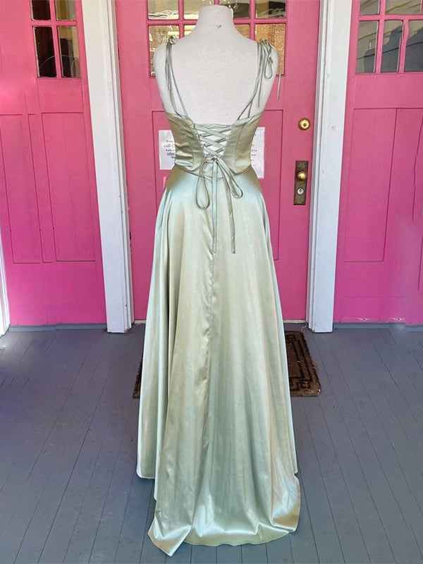 Sage Green A Line Satin Prom Dress Long With Cowl Neck And Spaghetti Straps