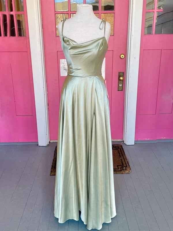 Sage Green A Line Satin Prom Dress Long With Cowl Neck And Spaghetti Straps