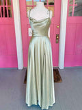 Sage Green A Line Satin Prom Dress Long With Cowl Neck And Spaghetti Straps