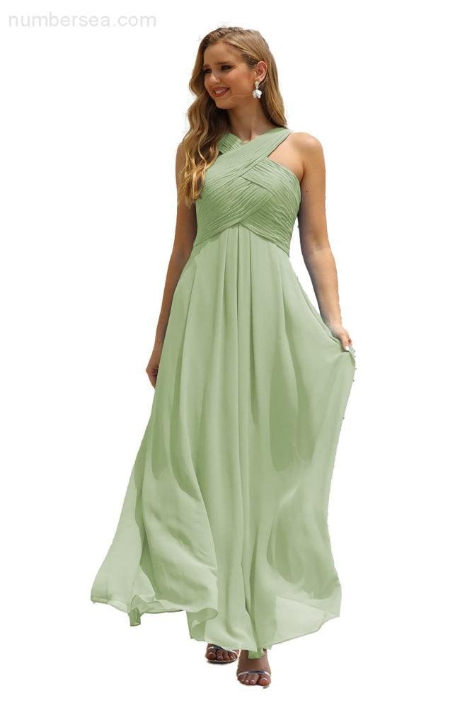 Vestido de Dama de Honra Halter em Chiffon para Mulher, Modelo A-Line, Longo, Formal, para Baile de Finalistas SEA28015