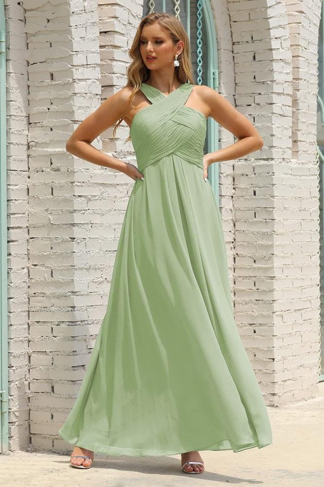 Vestido de Dama de Honra Halter em Chiffon para Mulher, Modelo A-Line, Longo, Formal, para Baile de Finalistas SEA28015