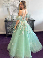 Sage Green Floral Glitter Tulle Prom Dress With Puff Sleeves