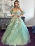 Sage Green Floral Glitter Tulle Prom Dress With Puff Sleeves