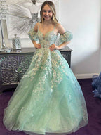 Sage Green Floral Glitter Tulle Prom Dress With Puff Sleeves
